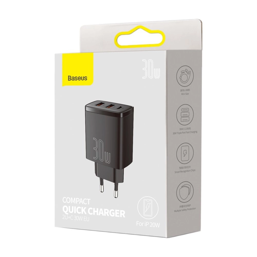 Baseus Compact fast charger 2x USB / USB Type C 30W 3A Power Delivery Quick Charge black (CCXJ-E01)eng