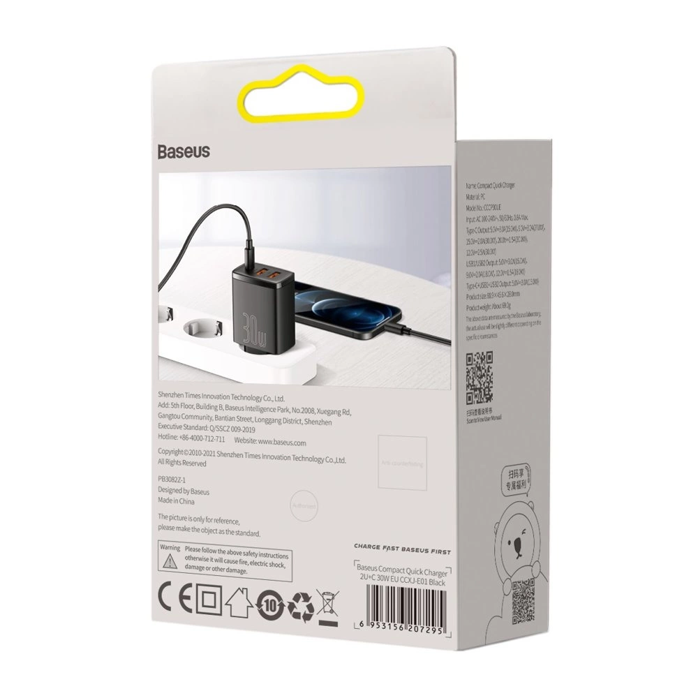 Baseus Compact fast charger 2x USB / USB Type C 30W 3A Power Delivery Quick Charge black (CCXJ-E01)eng