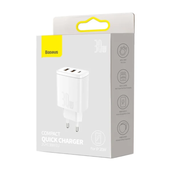Baseus Compact fast charger 2x USB / USB Type C 30W 3A Power Delivery Quick Charge white (CCXJ-E02)eng