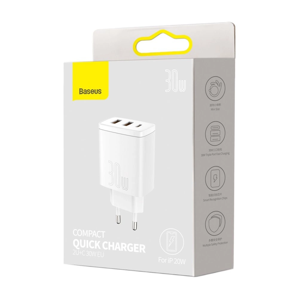 Baseus Compact fast charger 2x USB / USB Type C 30W 3A Power Delivery Quick Charge white (CCXJ-E02)eng