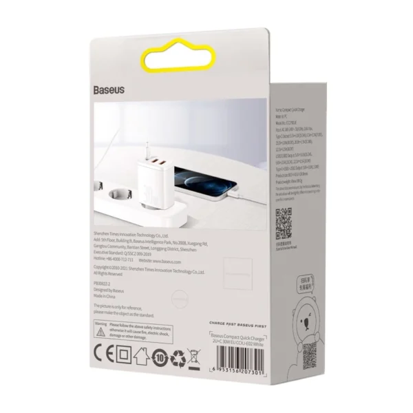 Baseus Compact fast charger 2x USB / USB Type C 30W 3A Power Delivery Quick Charge white (CCXJ-E02)eng