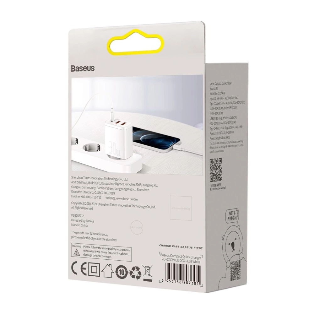 Baseus Compact fast charger 2x USB / USB Type C 30W 3A Power Delivery Quick Charge white (CCXJ-E02)eng