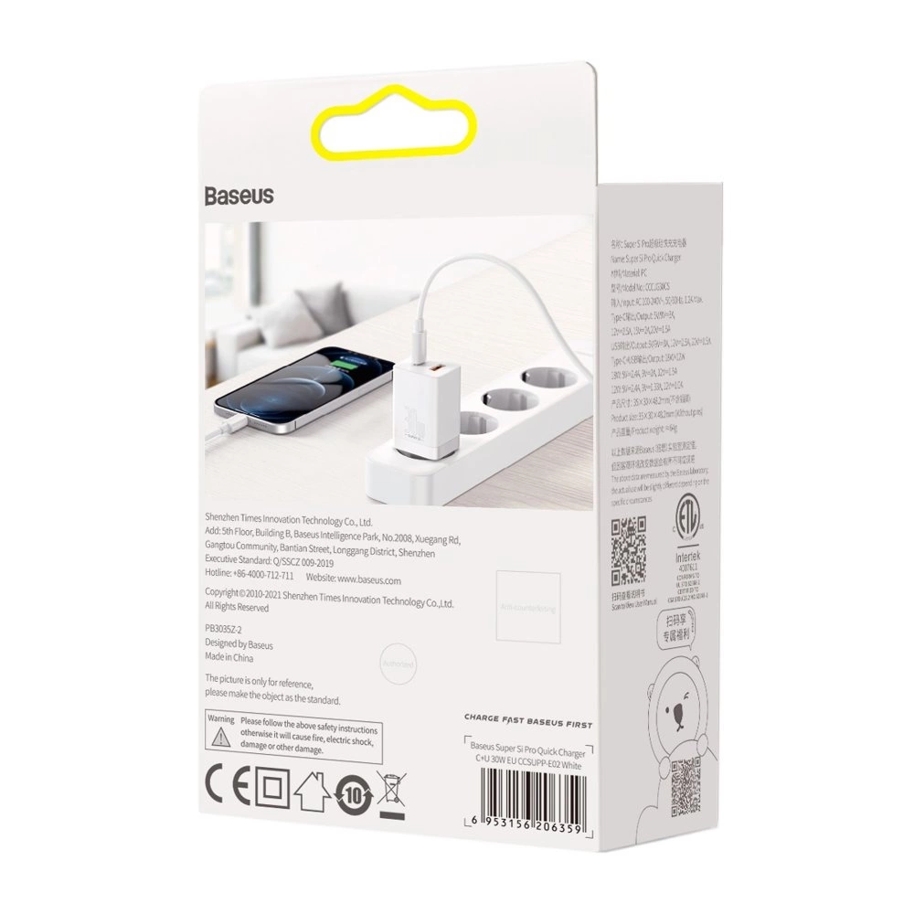 Baseus Super Si Pro USB / USB Type C Fast Charger 30W Power Delivery Quick Charge white (CCSUPP-E02)eng
