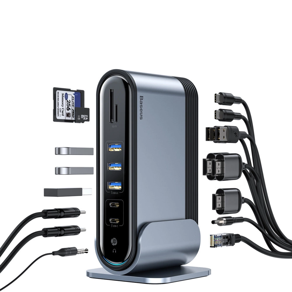 Baseus multifunctional HUB 3x USB 3.2 Gen 1 / 2x USB 2.0 / 2x USB Type C / SD and micro SD card reader / AUX / 3x HDMI / RJ45 1Gbps Power Delivery 100W (EU / CN / UK plugs) gray (CAHUB-DG0G)eng