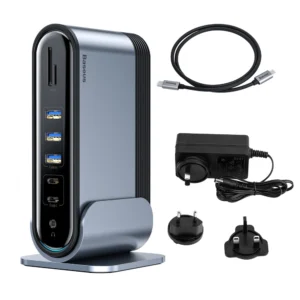 Baseus multifunctional HUB 3x USB 3.2 Gen 1 / 2x USB 2.0 / 2x USB Type C / SD and micro SD card reader / AUX / 3x HDMI / RJ45 1Gbps Power Delivery 100W (EU / CN / UK plugs) gray (CAHUB-DG0G)eng