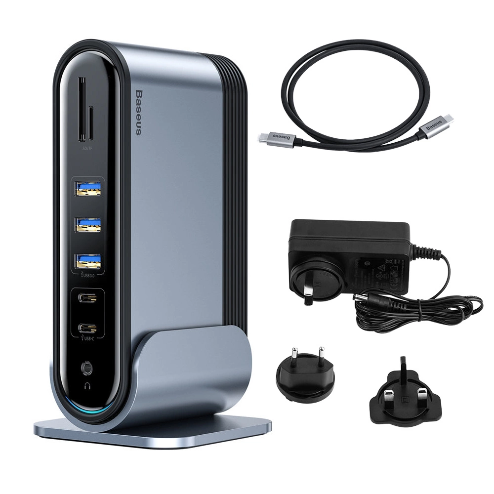 Baseus multifunctional HUB 3x USB 3.2 Gen 1 / 2x USB 2.0 / 2x USB Type C / SD and micro SD card reader / AUX / 3x HDMI / RJ45 1Gbps Power Delivery 100W (EU / CN / UK plugs) gray (CAHUB-DG0G)eng