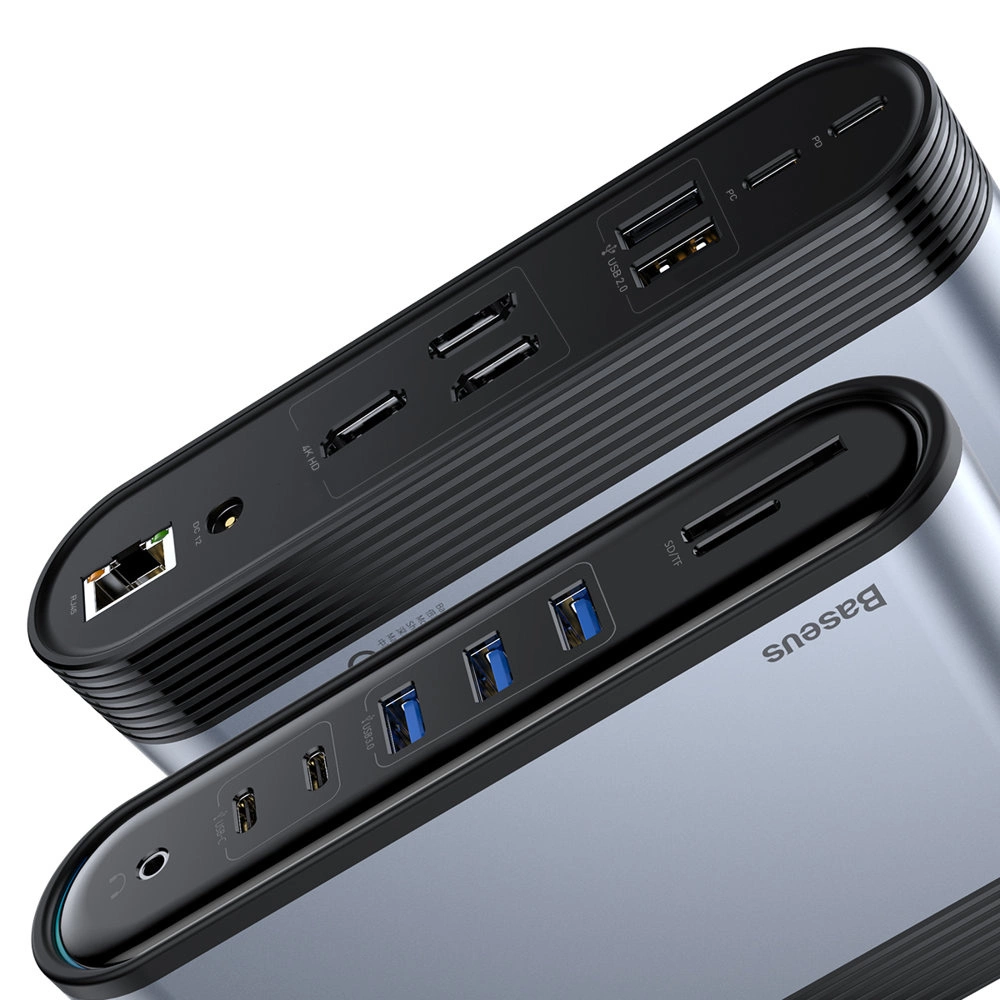 Baseus multifunctional HUB 3x USB 3.2 Gen 1 / 2x USB 2.0 / 2x USB Type C / SD and micro SD card reader / AUX / 3x HDMI / RJ45 1Gbps Power Delivery 100W (EU / CN / UK plugs) gray (CAHUB-DG0G)eng