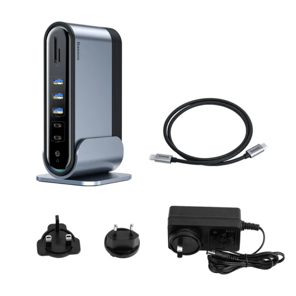 Baseus multifunctional HUB 3x USB 3.2 Gen 1 / 2x USB 2.0 / 2x USB Type C / SD and micro SD card reader / AUX / 3x HDMI / RJ45 1Gbps Power Delivery 100W (EU / CN / UK plugs) gray (CAHUB-DG0G)eng
