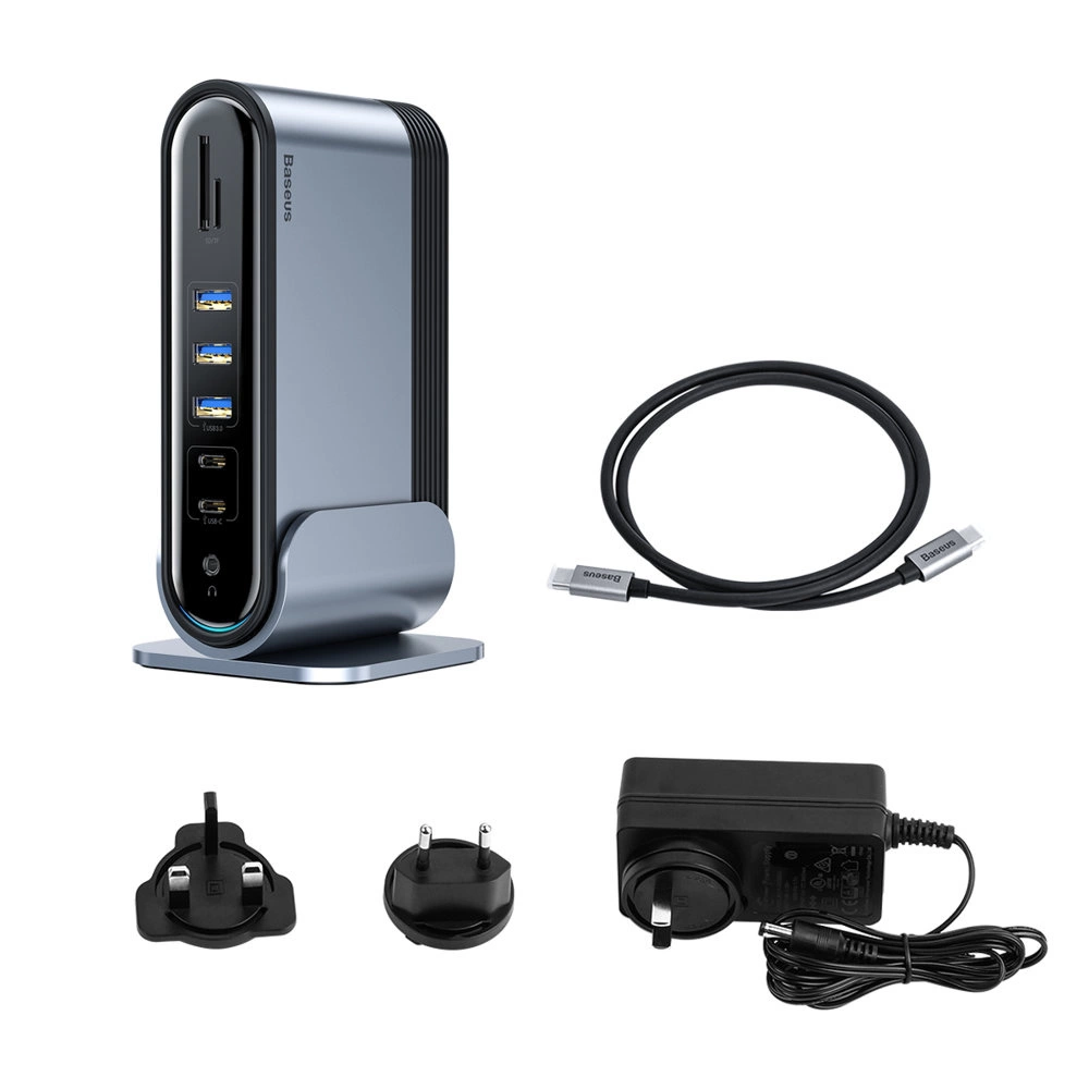 Baseus multifunctional HUB 3x USB 3.2 Gen 1 / 2x USB 2.0 / 2x USB Type C / SD and micro SD card reader / AUX / 3x HDMI / RJ45 1Gbps Power Delivery 100W (EU / CN / UK plugs) gray (CAHUB-DG0G)eng