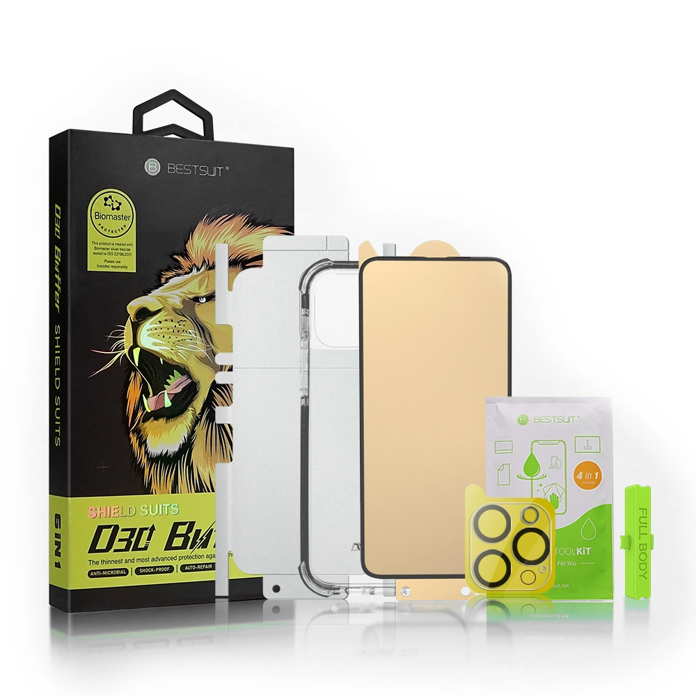 Bestsuit 6in1 set for iPhone 13 mini case / tempered glass flexi / back housing protector film / camera lens tempered glass / cloths / aplicator (D30 Buffer)eng
