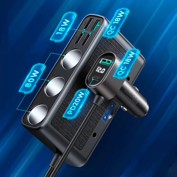 Joyroom JR-CL06 9in1 car charger 154W 5x USB-A / USB-C / 3x cigarette lighter socket PD QC PPS - blackeng