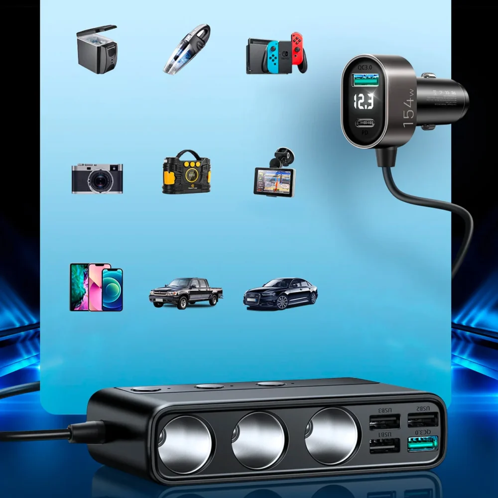 Joyroom JR-CL06 9in1 car charger 154W 5x USB-A / USB-C / 3x cigarette lighter socket PD QC PPS - blackeng