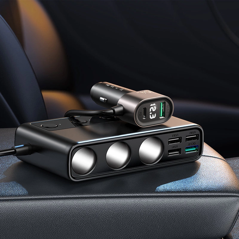Joyroom JR-CL06 9in1 car charger 154W 5x USB-A / USB-C / 3x cigarette lighter socket PD QC PPS - blackeng