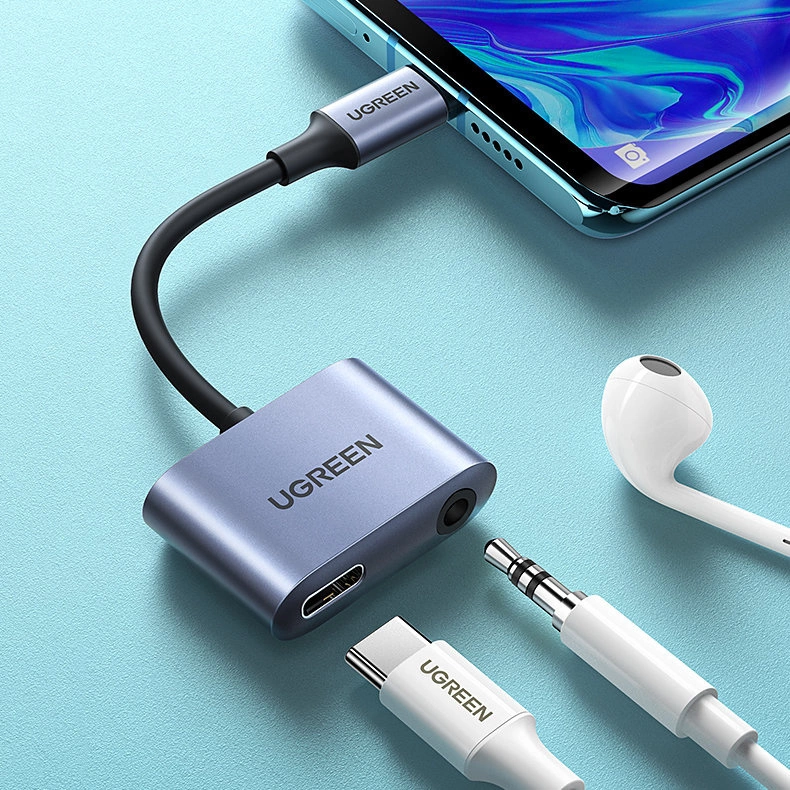 Ugreen audio adapter USB Type C (male) - USB Type C PD QC (female) + 3.5mm mini jack (female) gray (CM231)eng