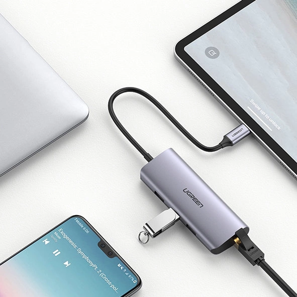 Ugreen multifunctional adapter HUB USB Type C - 3 x USB / Ethernet RJ-45 / micro USB gray (CM252)eng