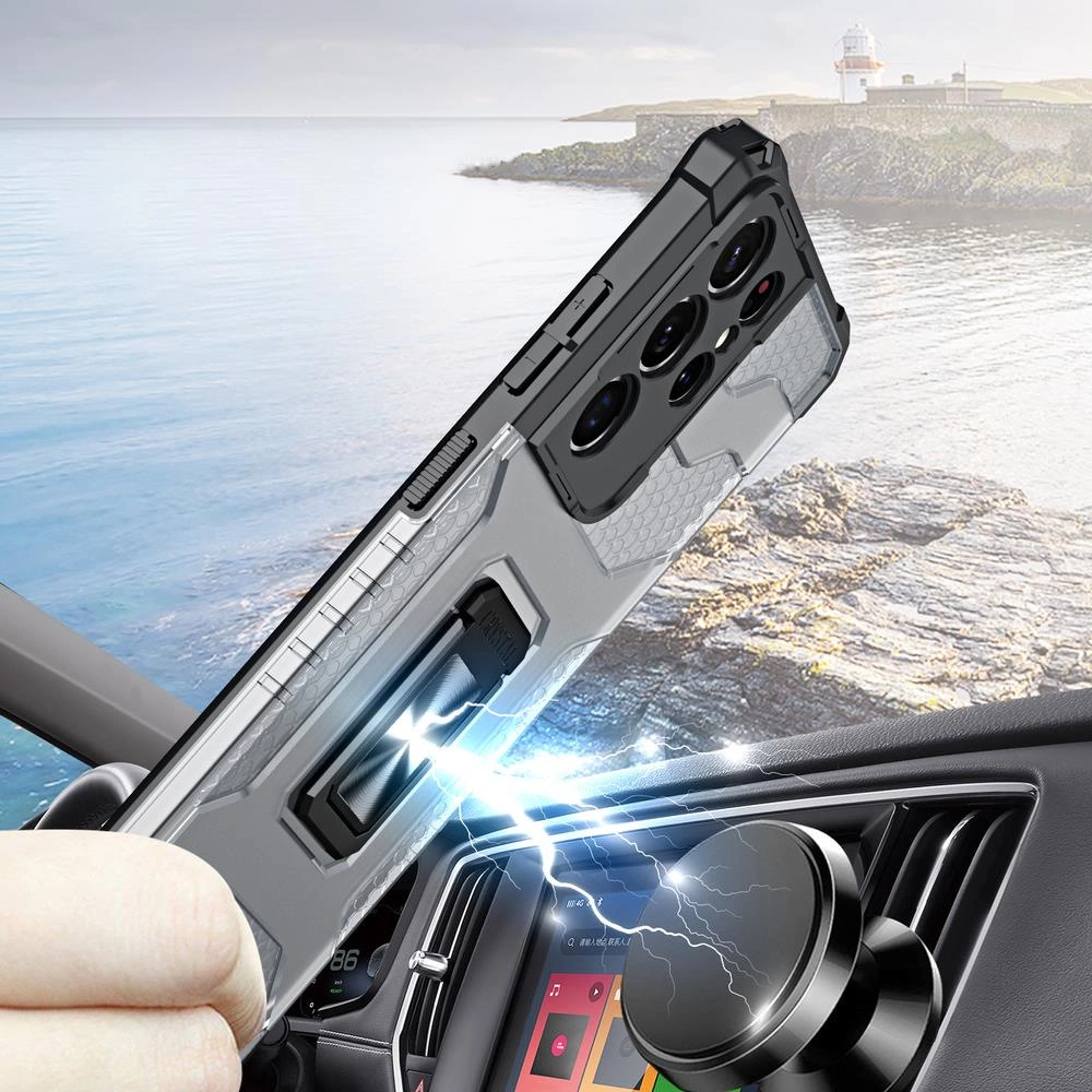 Crystal Ring Case tough hybrid cover + magnetic holder for Samsung Galaxy S22 Ultra blackeng