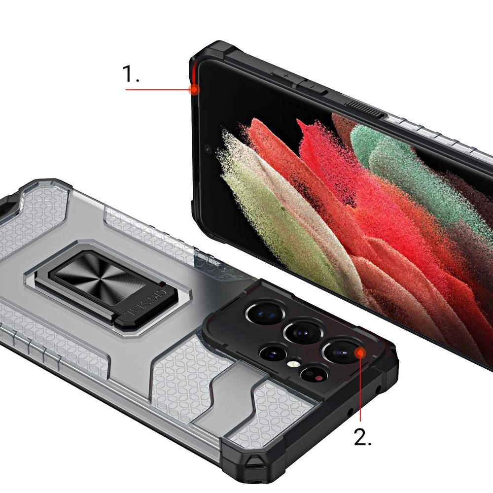 Crystal Ring Case tough hybrid cover + magnetic holder for Samsung Galaxy S22 Ultra blackeng