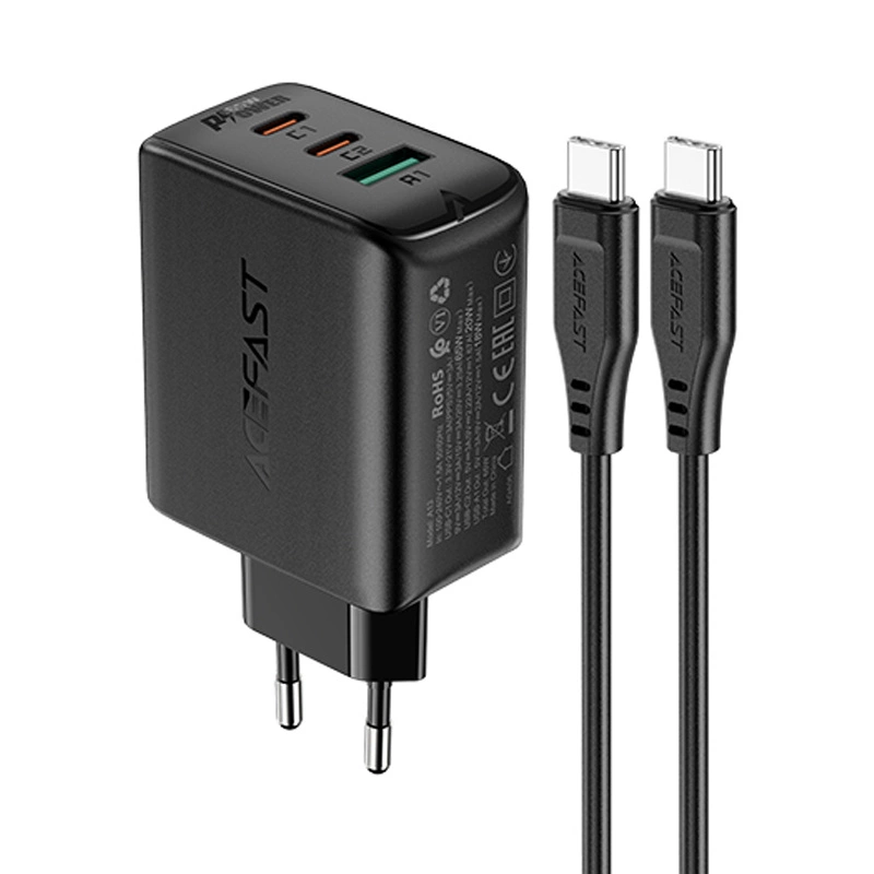 Acefast 2in1 wall charger 2x USB-C / USB-A 65W, PD, QC 3.0, AFC, FCP (set with USB-C 1.2m cable) black (A13 black)eng
