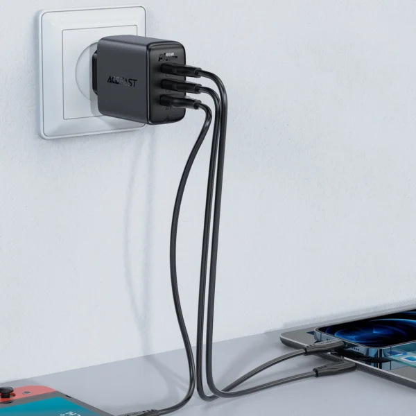 Acefast 2in1 wall charger 2x USB-C / USB-A 65W, PD, QC 3.0, AFC, FCP (set with USB-C 1.2m cable) black (A13 black)eng