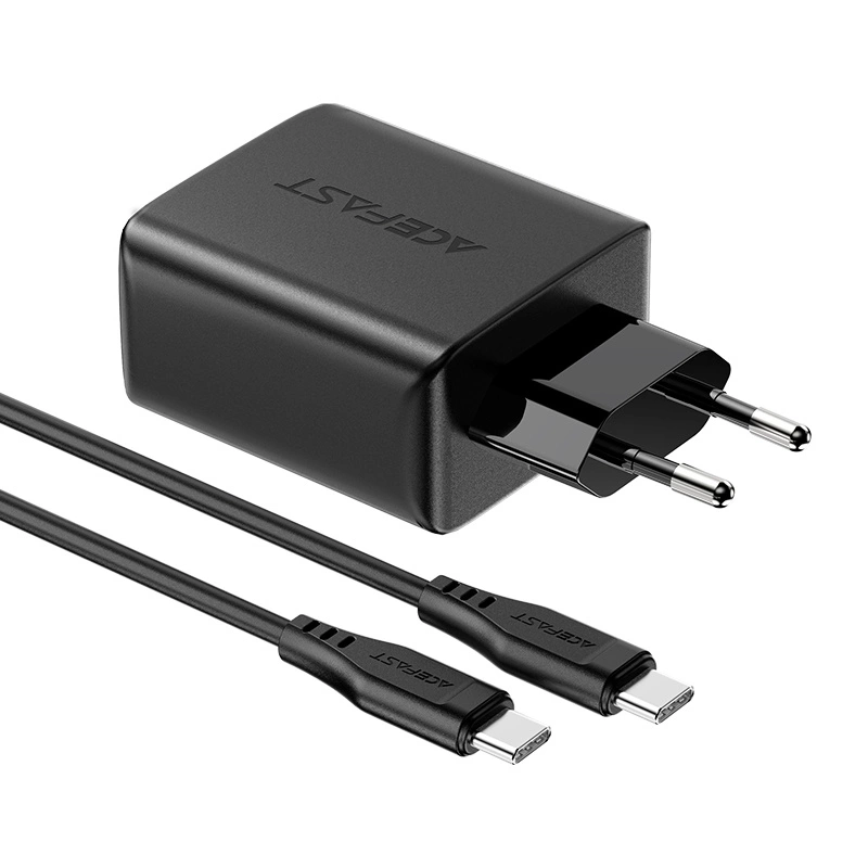 Acefast 2in1 wall charger 2x USB-C / USB-A 65W, PD, QC 3.0, AFC, FCP (set with USB-C 1.2m cable) black (A13 black)eng