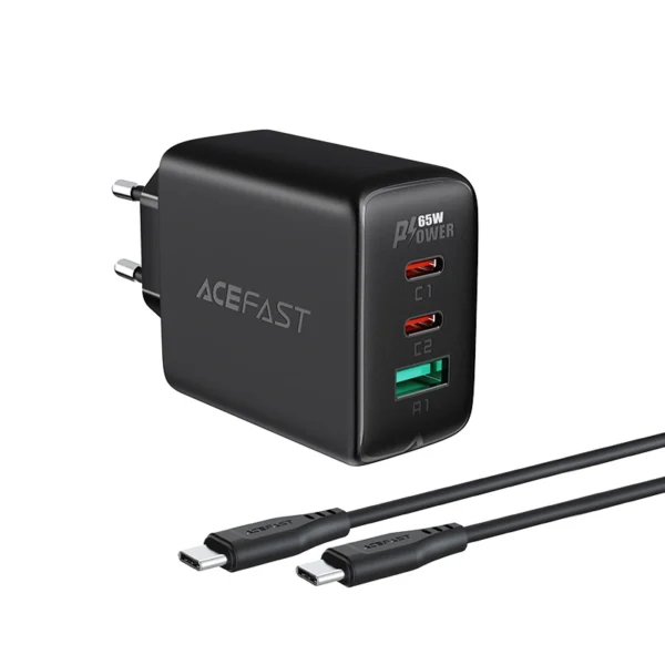 Acefast 2in1 wall charger 2x USB-C / USB-A 65W, PD, QC 3.0, AFC, FCP (set with USB-C 1.2m cable) black (A13 black)eng