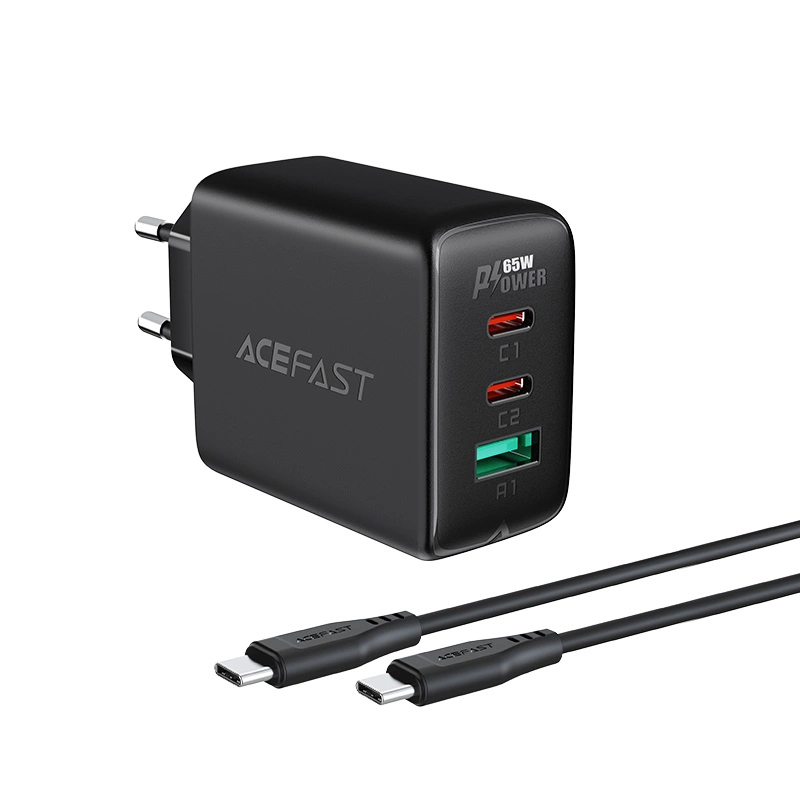 Acefast 2in1 wall charger 2x USB-C / USB-A 65W, PD, QC 3.0, AFC, FCP (set with USB-C 1.2m cable) black (A13 black)eng