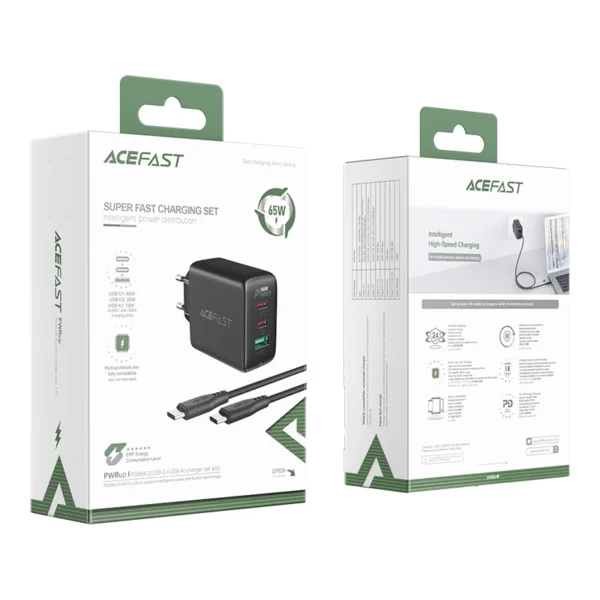 Acefast 2in1 wall charger 2x USB-C / USB-A 65W, PD, QC 3.0, AFC, FCP (set with USB-C 1.2m cable) black (A13 black)eng