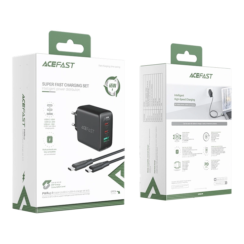 Acefast 2in1 wall charger 2x USB-C / USB-A 65W, PD, QC 3.0, AFC, FCP (set with USB-C 1.2m cable) black (A13 black)eng