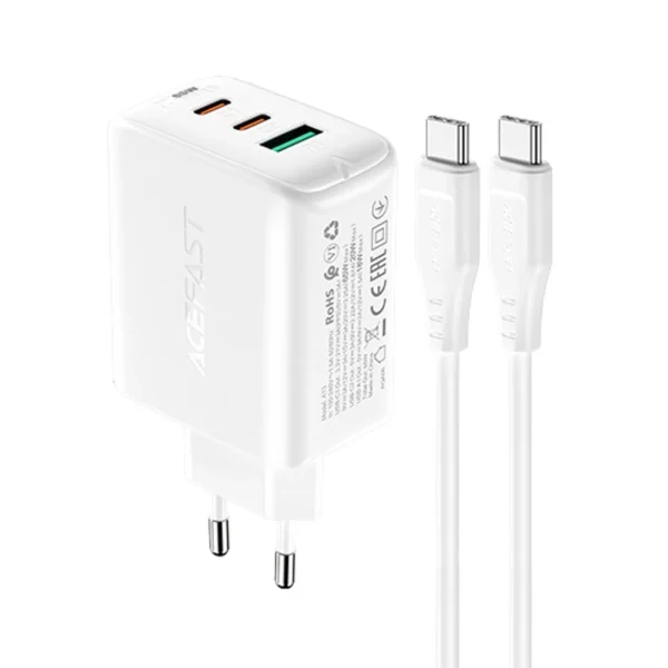 Acefast 2in1 wall charger 2x USB-C / USB-A 65W, PD, QC 3.0, AFC, FCP (set with USB-C 1.2m cable) white (A13 white)eng