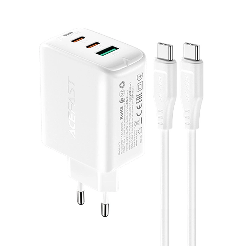 Acefast 2in1 wall charger 2x USB-C / USB-A 65W, PD, QC 3.0, AFC, FCP (set with USB-C 1.2m cable) white (A13 white)eng