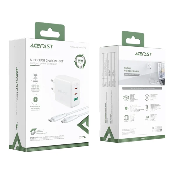 Acefast 2in1 wall charger 2x USB-C / USB-A 65W, PD, QC 3.0, AFC, FCP (set with USB-C 1.2m cable) white (A13 white)eng