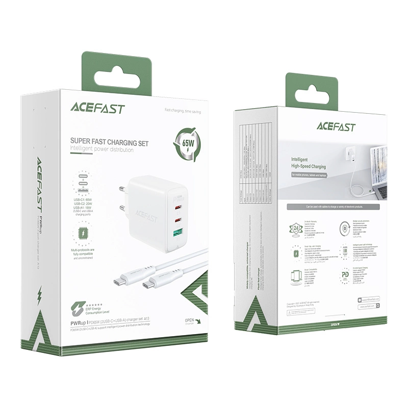 Acefast 2in1 wall charger 2x USB-C / USB-A 65W, PD, QC 3.0, AFC, FCP (set with USB-C 1.2m cable) white (A13 white)eng