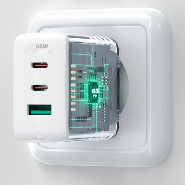 Acefast 2in1 wall charger 2x USB-C / USB-A 65W, PD, QC 3.0, AFC, FCP (set with USB-C 1.2m cable) white (A13 white)eng