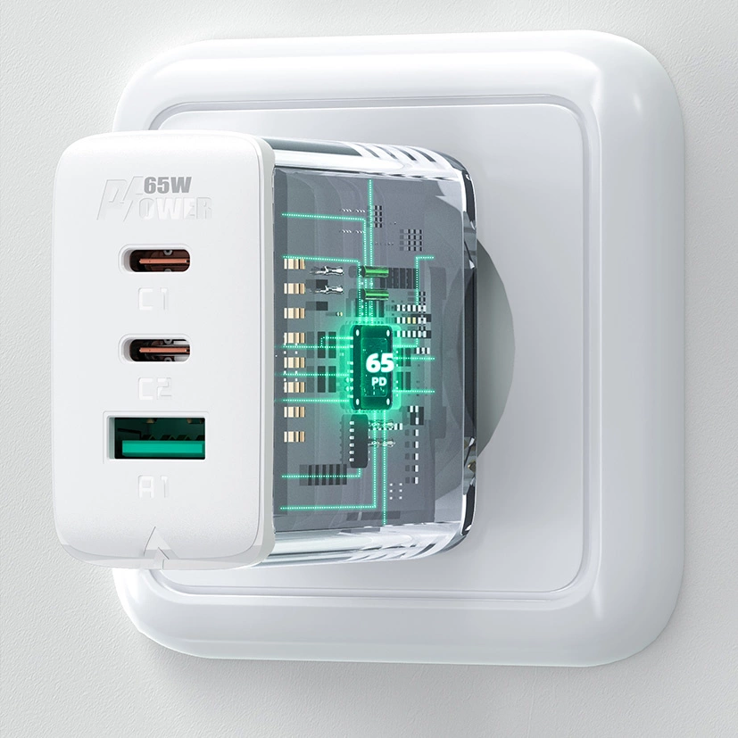 Acefast 2in1 wall charger 2x USB-C / USB-A 65W, PD, QC 3.0, AFC, FCP (set with USB-C 1.2m cable) white (A13 white)eng