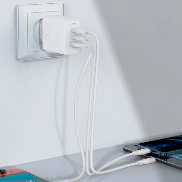 Acefast 2in1 wall charger 2x USB-C / USB-A 65W, PD, QC 3.0, AFC, FCP (set with USB-C 1.2m cable) white (A13 white)eng