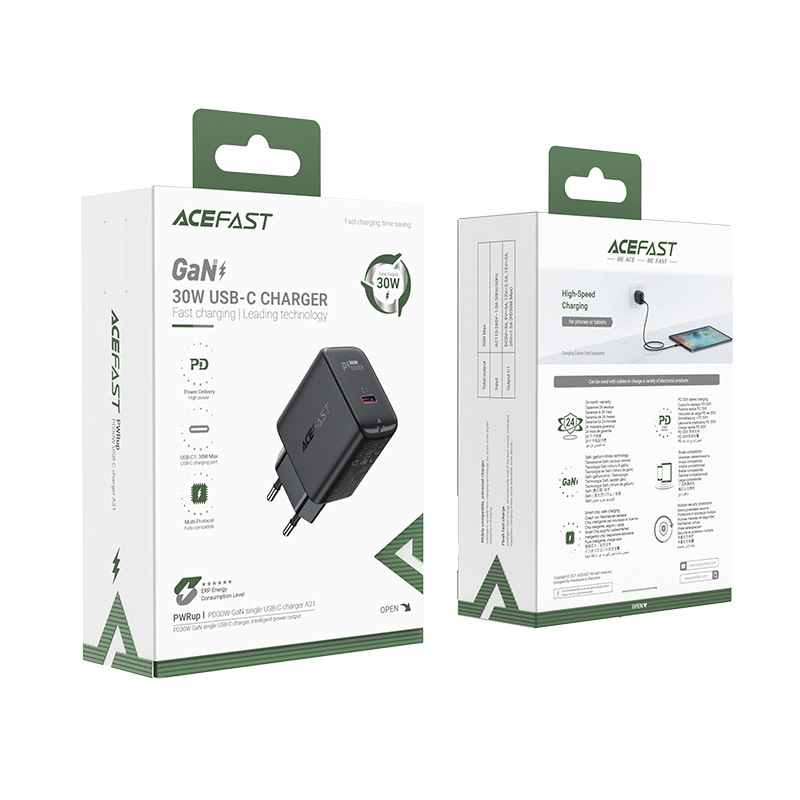 Acefast GaN USB Type-C 30W charger, PD, QC 3.0, AFC, FCP black (A21 black)eng