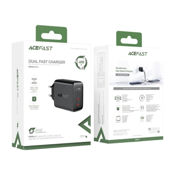 Acefast charger 2x USB Type C 40W, PPS, PD, QC 3.0, AFC, FCP black (A9 black)eng