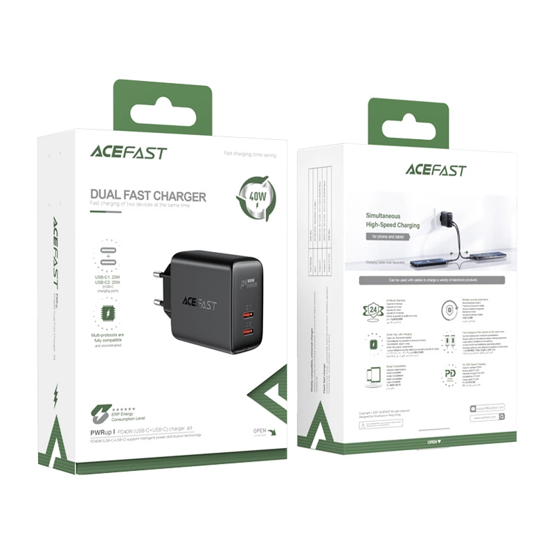 Acefast charger 2x USB Type C 40W, PPS, PD, QC 3.0, AFC, FCP black (A9 black)eng