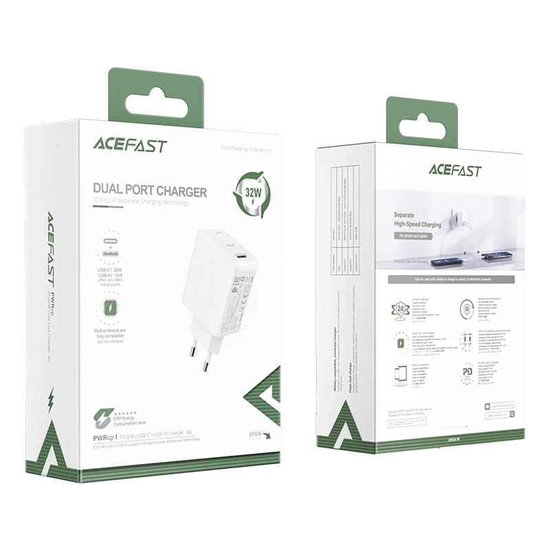 Acefast wall charger USB Type C / USB 32W, PPS, PD, QC 3.0, AFC, FCP white (A5 white)eng