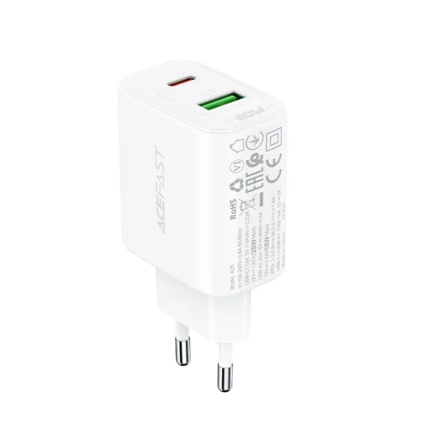 Acefast wall charger USB Type C / USB 20W, PPS, PD, QC 3.0, AFC, FCP white (A25 white)eng