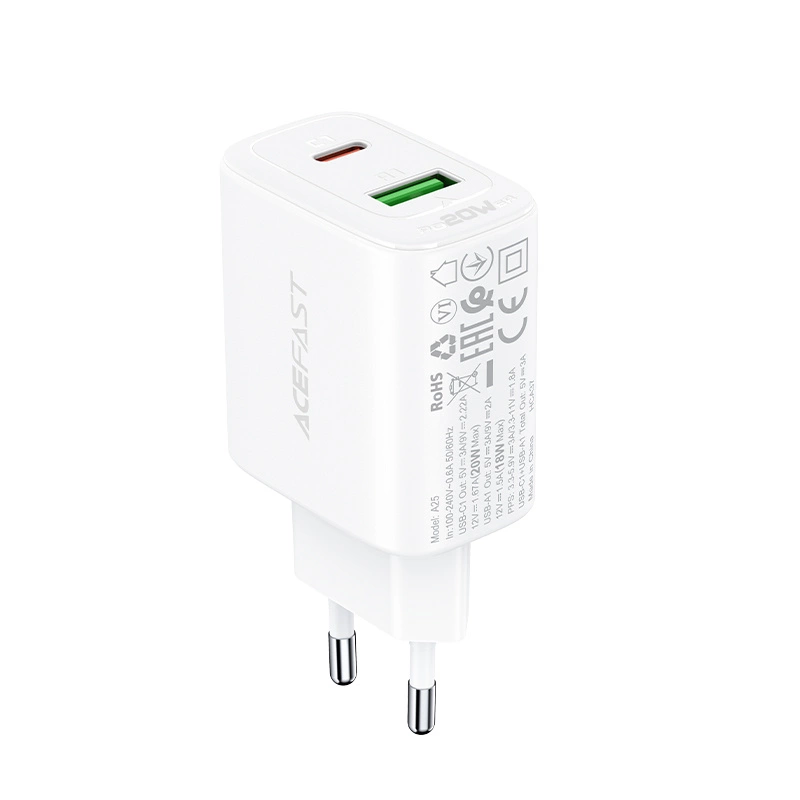 Acefast wall charger USB Type C / USB 20W, PPS, PD, QC 3.0, AFC, FCP white (A25 white)eng