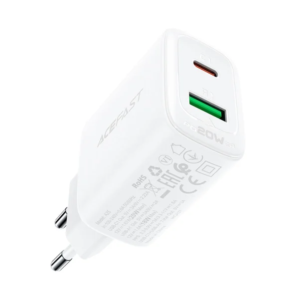 Acefast wall charger USB Type C / USB 20W, PPS, PD, QC 3.0, AFC, FCP white (A25 white)eng