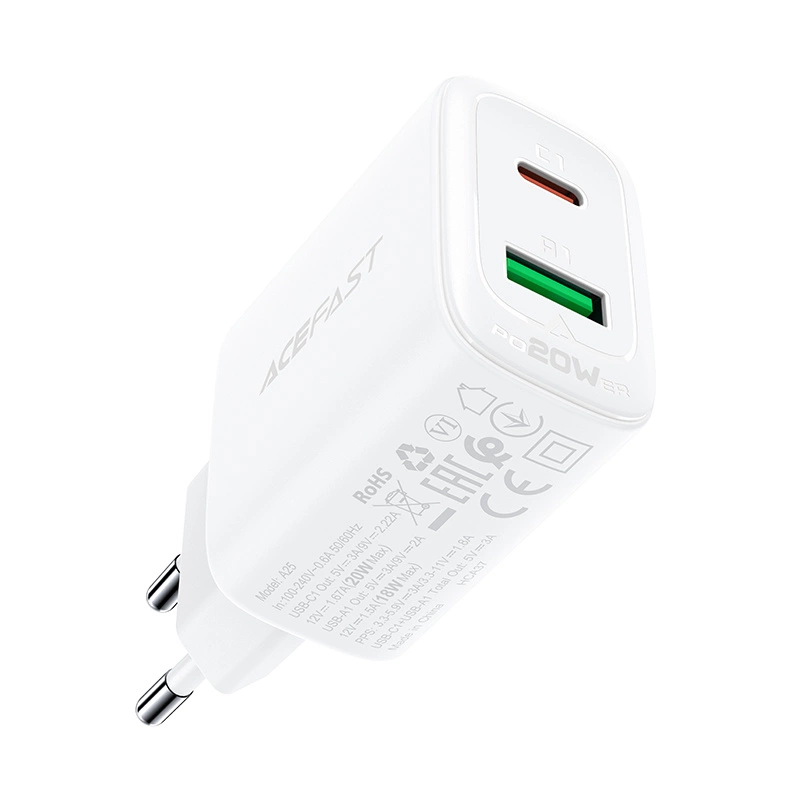Acefast wall charger USB Type C / USB 20W, PPS, PD, QC 3.0, AFC, FCP white (A25 white)eng