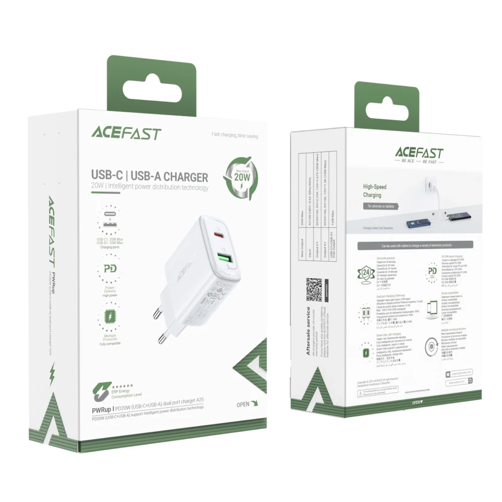 Acefast wall charger USB Type C / USB 20W, PPS, PD, QC 3.0, AFC, FCP white (A25 white)eng