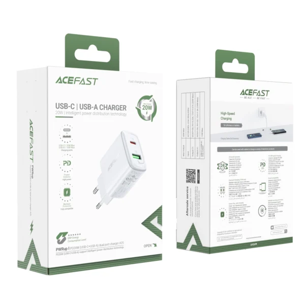 Acefast wall charger USB Type C / USB 20W, PPS, PD, QC 3.0, AFC, FCP white (A25 white)eng