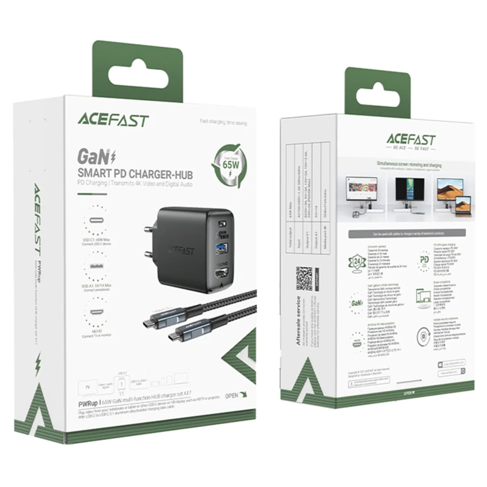 Acefast 2in1 charger GaN 65W USB Type C / USB, adapter HDMI adapter 4K 60Hz (set with cable) black (A17 black)eng