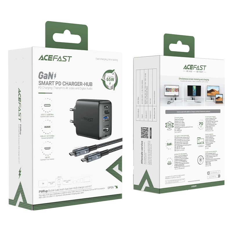 Acefast 2in1 charger GaN 65W USB Type C / USB, adapter HDMI adapter 4K 60Hz (set with cable) black (A17 black)eng