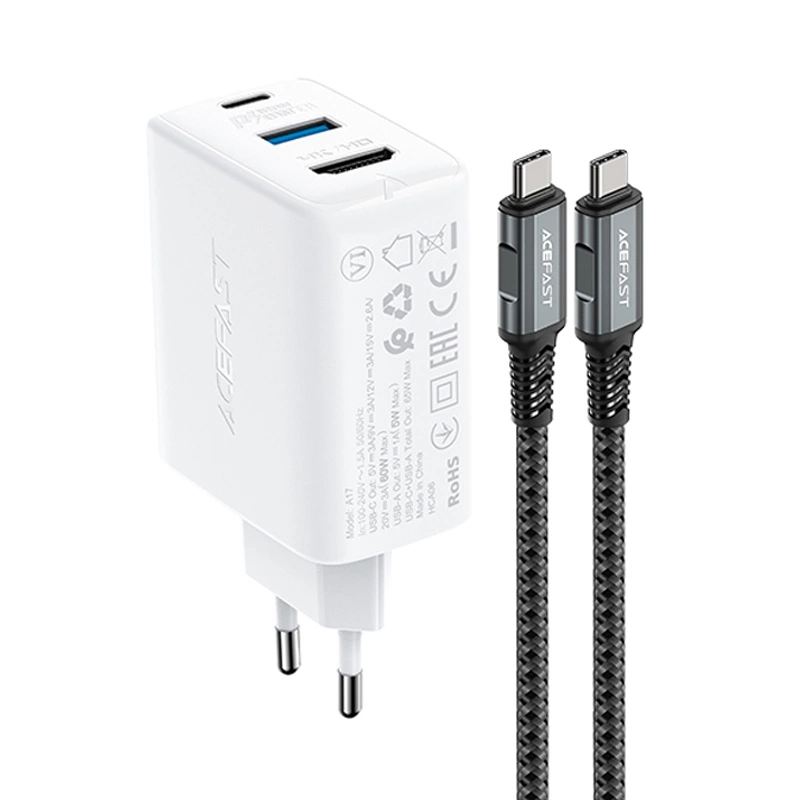Acefast 2in1 charger GaN 65W USB Type C / USB, adapter adapter HDMI 4K @ 60Hz (set with cable) white (A17 white)eng