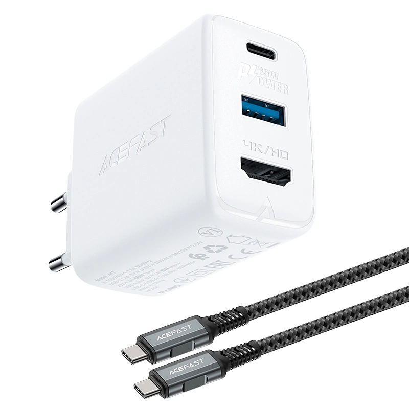 Acefast 2in1 charger GaN 65W USB Type C / USB, adapter adapter HDMI 4K @ 60Hz (set with cable) white (A17 white)eng