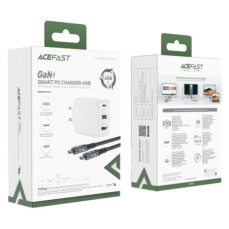 Acefast 2in1 charger GaN 65W USB Type C / USB, adapter adapter HDMI 4K @ 60Hz (set with cable) white (A17 white)eng